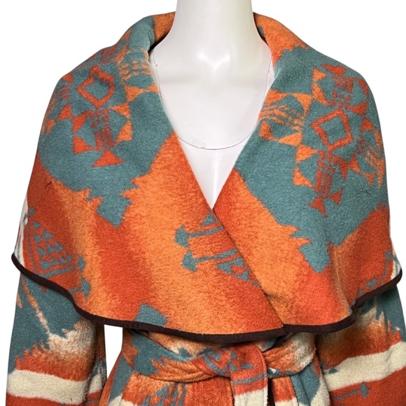 Tasha Polizzi Southwestern Wrap Blanket Coat Size Small Orange Turquoise Aztec - Picture 3 of 16